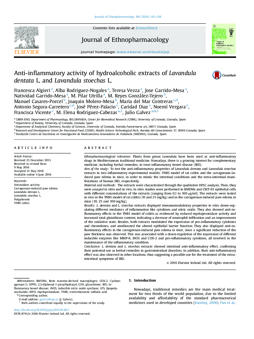 Anti-inflammatory activity of hydroalcoholic extracts of Lavandula dentata L. and Lavandula stoechas L.