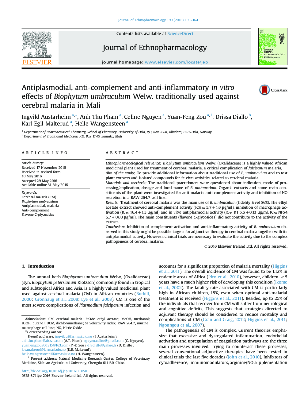 Antiplasmodial, anti-complement and anti-inflammatory in vitro effects of Biophytum umbraculum Welw. traditionally used against cerebral malaria in Mali