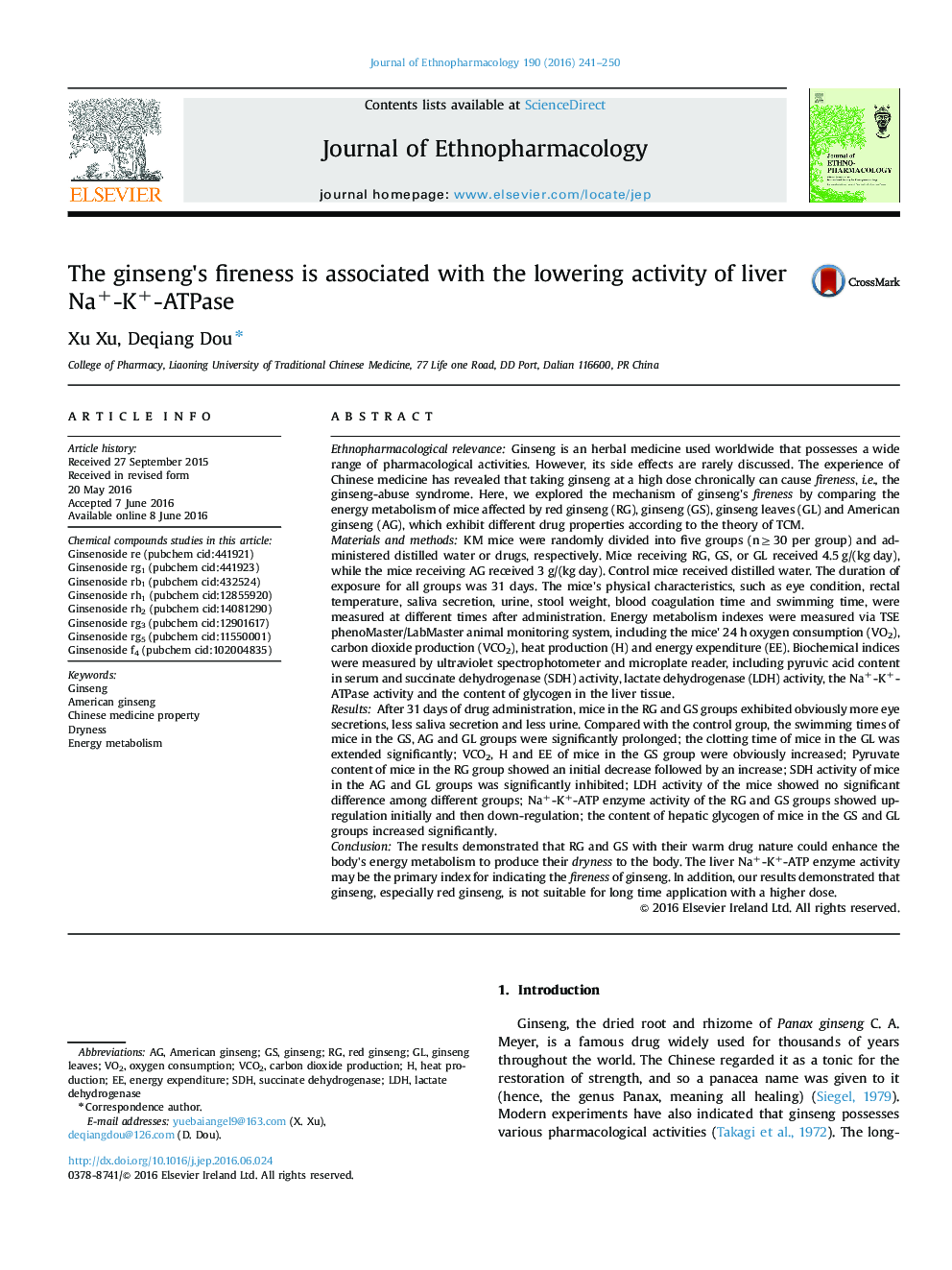 The ginseng's fireness is associated with the lowering activity of liver Na+-K+-ATPase