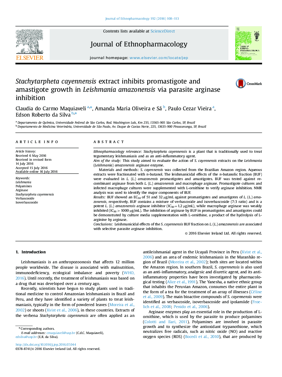 Stachytarpheta cayennensis extract inhibits promastigote and amastigote growth in Leishmania amazonensis via parasite arginase inhibition