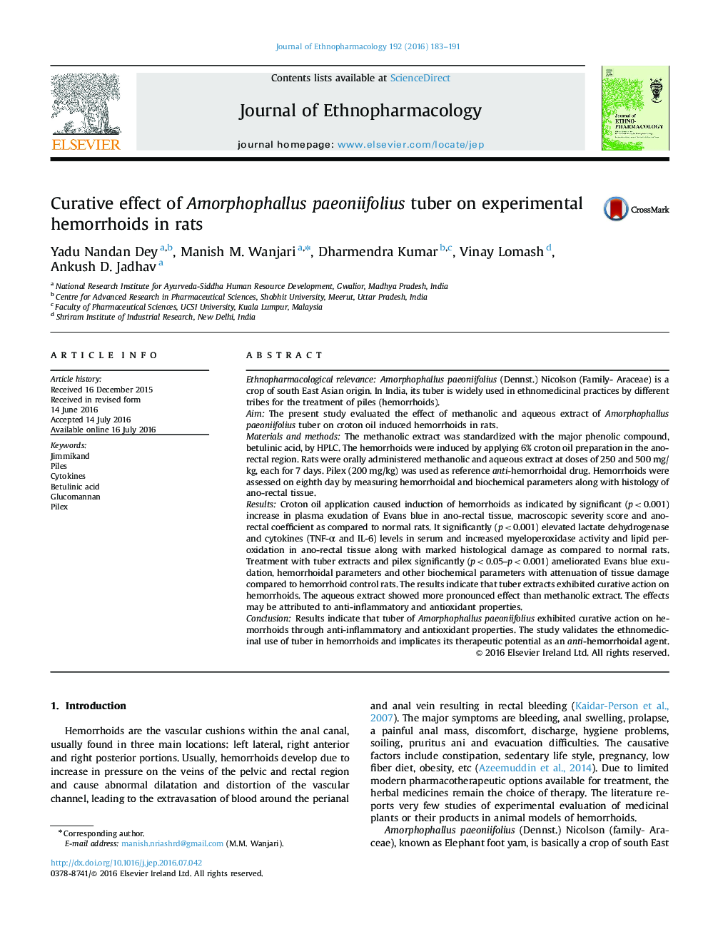 Curative effect of Amorphophallus paeoniifolius tuber on experimental hemorrhoids in rats