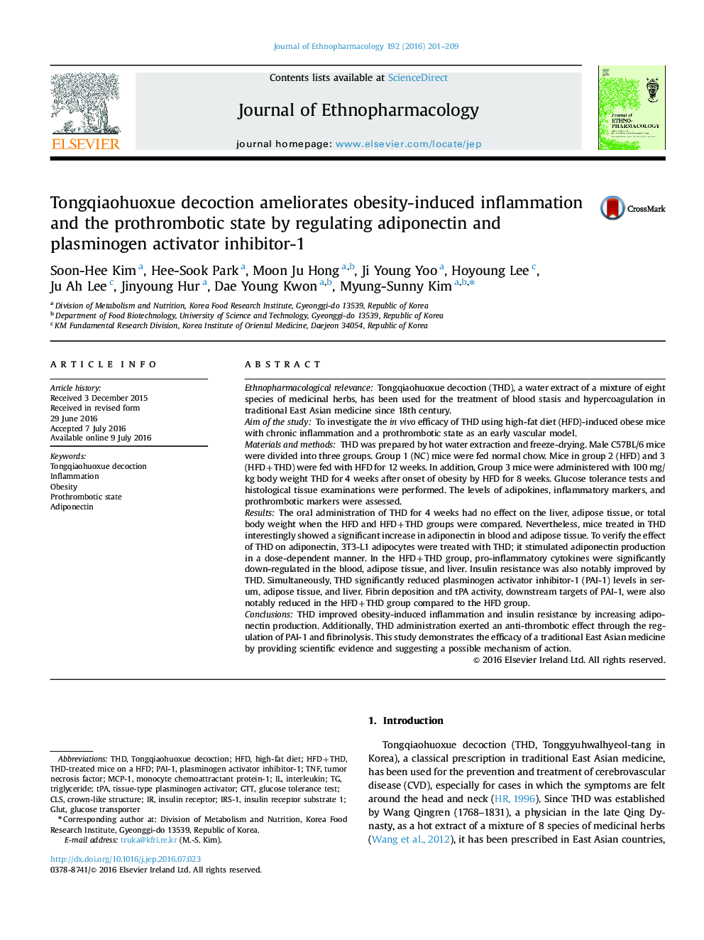 Tongqiaohuoxue decoction ameliorates obesity-induced inflammation and the prothrombotic state by regulating adiponectin and plasminogen activator inhibitor-1