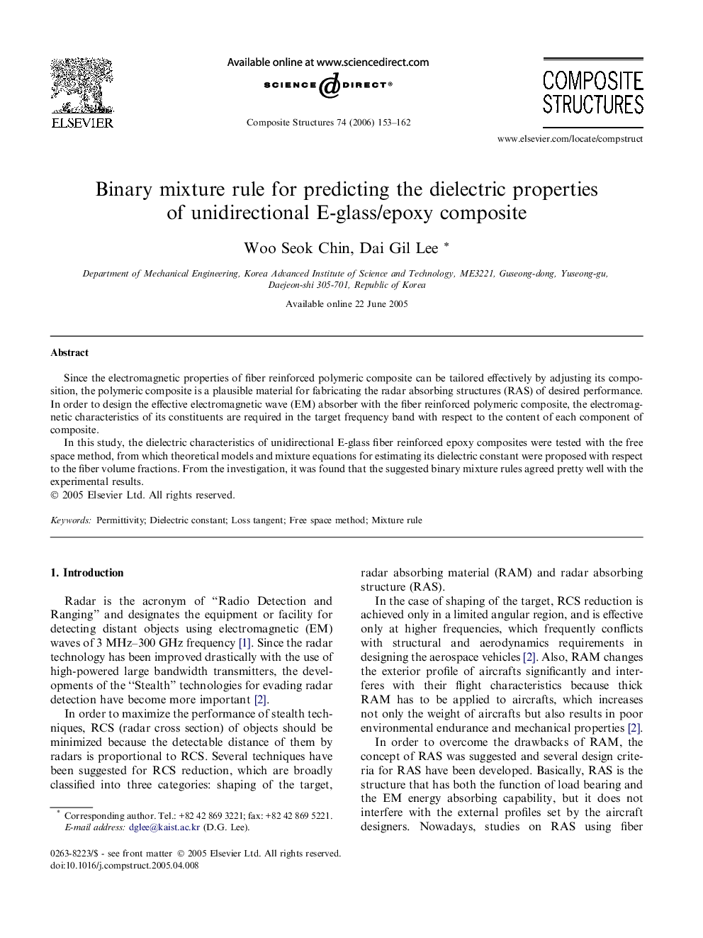 Binary mixture rule for predicting the dielectric properties of unidirectional E-glass/epoxy composite