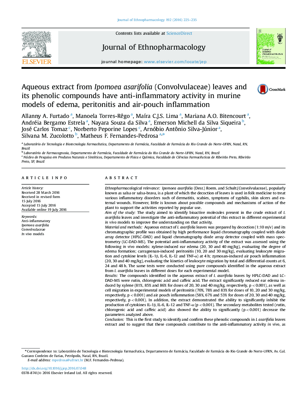 Aqueous extract from Ipomoea asarifolia (Convolvulaceae) leaves and its phenolic compounds have anti-inflammatory activity in murine models of edema, peritonitis and air-pouch inflammation