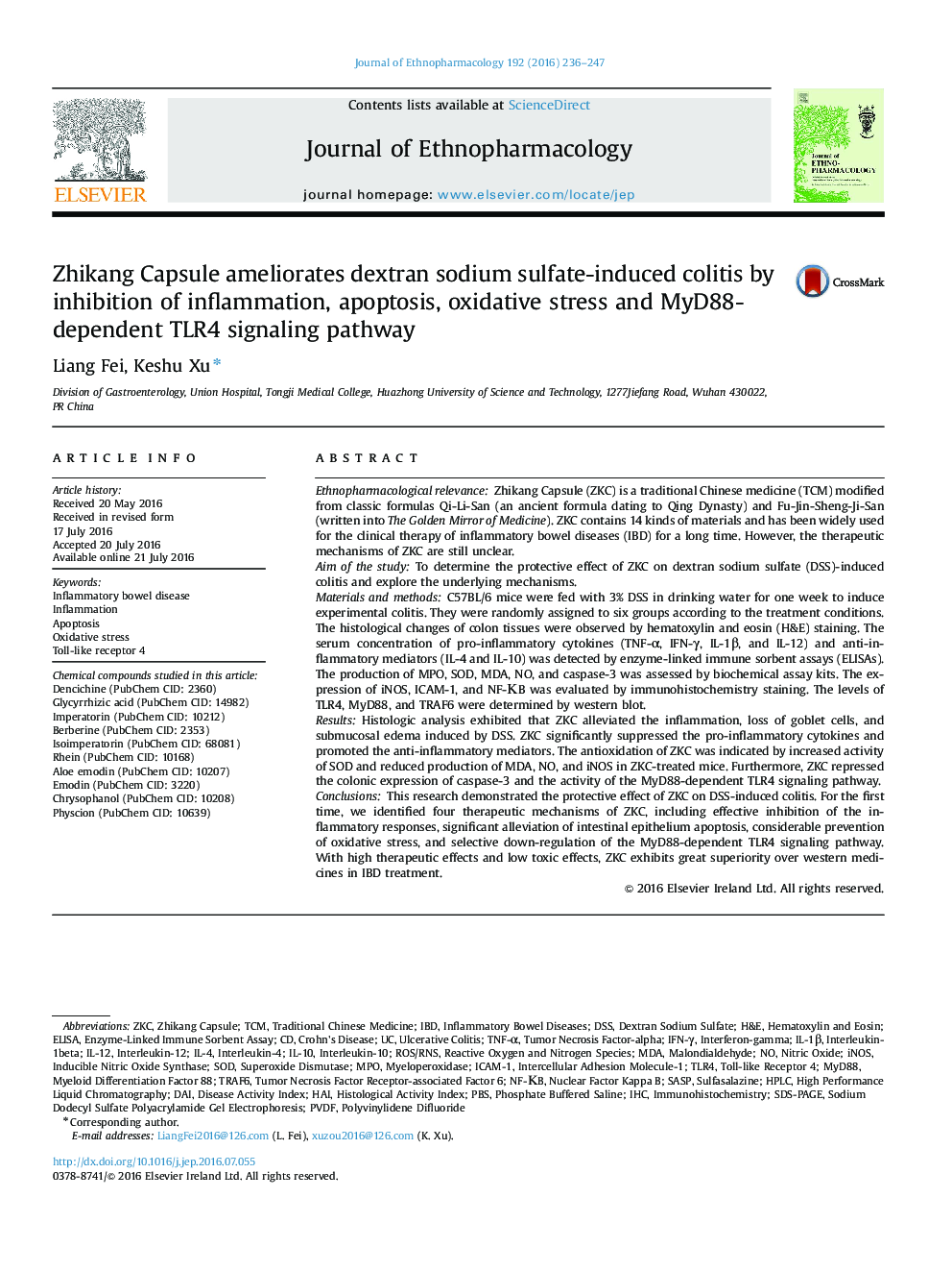 Zhikang Capsule ameliorates dextran sodium sulfate-induced colitis by inhibition of inflammation, apoptosis, oxidative stress and MyD88-dependent TLR4 signaling pathway