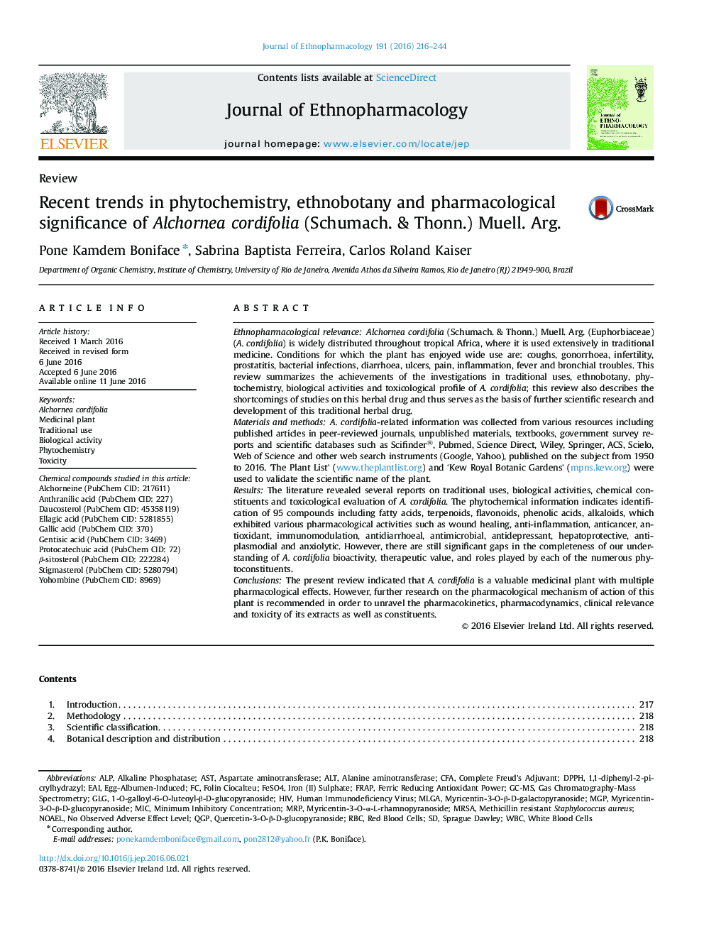 Recent trends in phytochemistry, ethnobotany and pharmacological significance of Alchornea cordifolia (Schumach. & Thonn.) Muell. Arg.