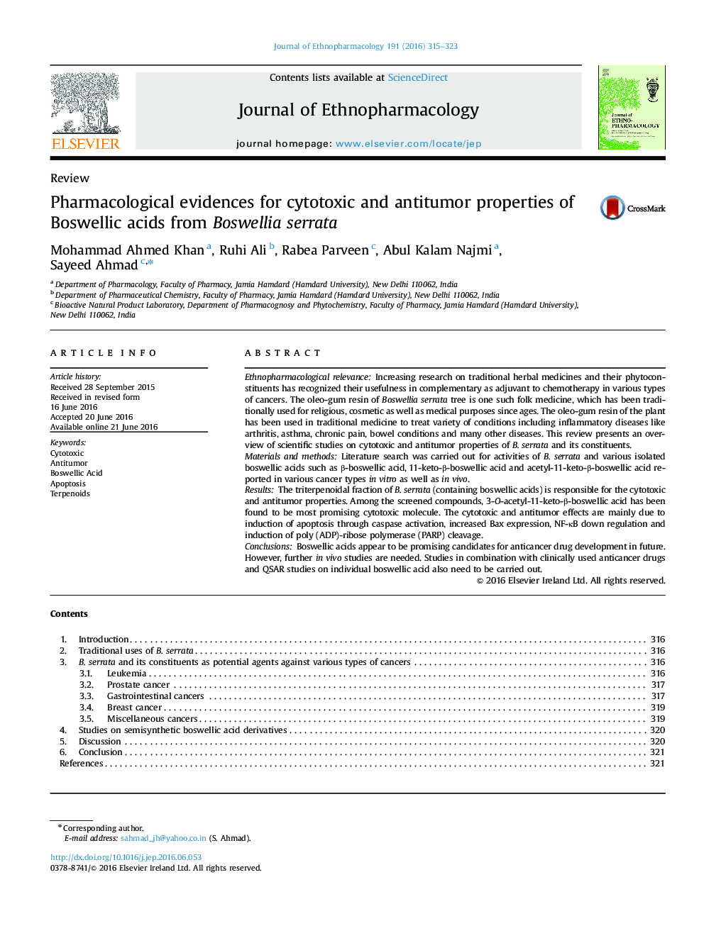 Pharmacological evidences for cytotoxic and antitumor properties of Boswellic acids from Boswellia serrata