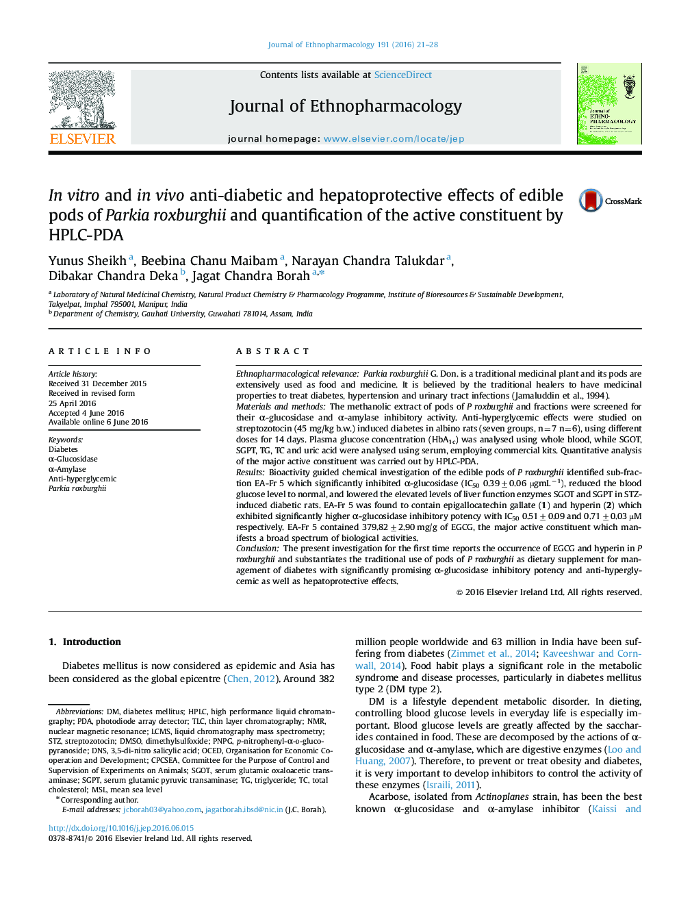 عکس صفحه اول مقاله: In vitro and in vivo anti-diabetic and hepatoprotective effects of edible pods of Parkia roxburghii and quantification of the active constituent by HPLC-PDA In vitro and in vivo anti-diabetic and hepatoprotective effects of edible pods of Parkia roxburghii and quantification of the active constituent by HPLC-PDA