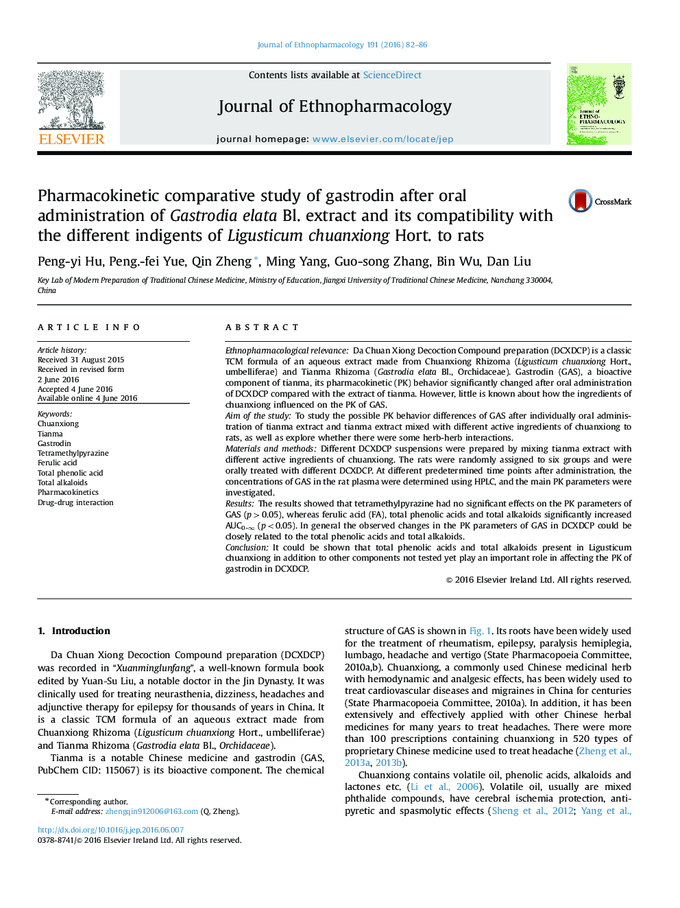 Pharmacokinetic comparative study of gastrodin after oral administration of Gastrodia elata Bl. extract and its compatibility with the different indigents of Ligusticum chuanxiong Hort. to rats