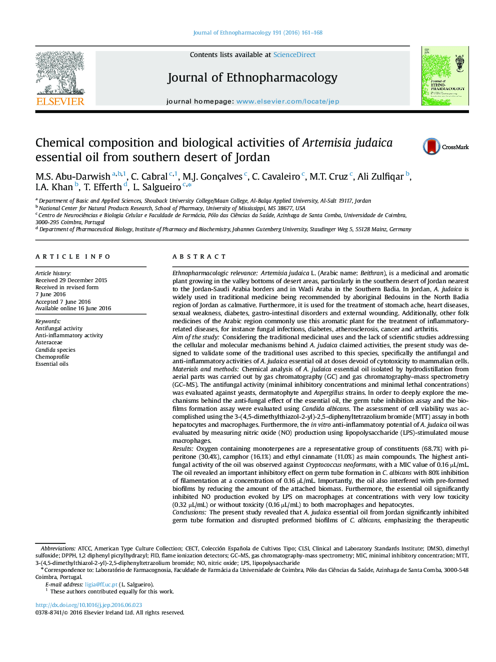 Chemical composition and biological activities of Artemisia judaica essential oil from southern desert of Jordan