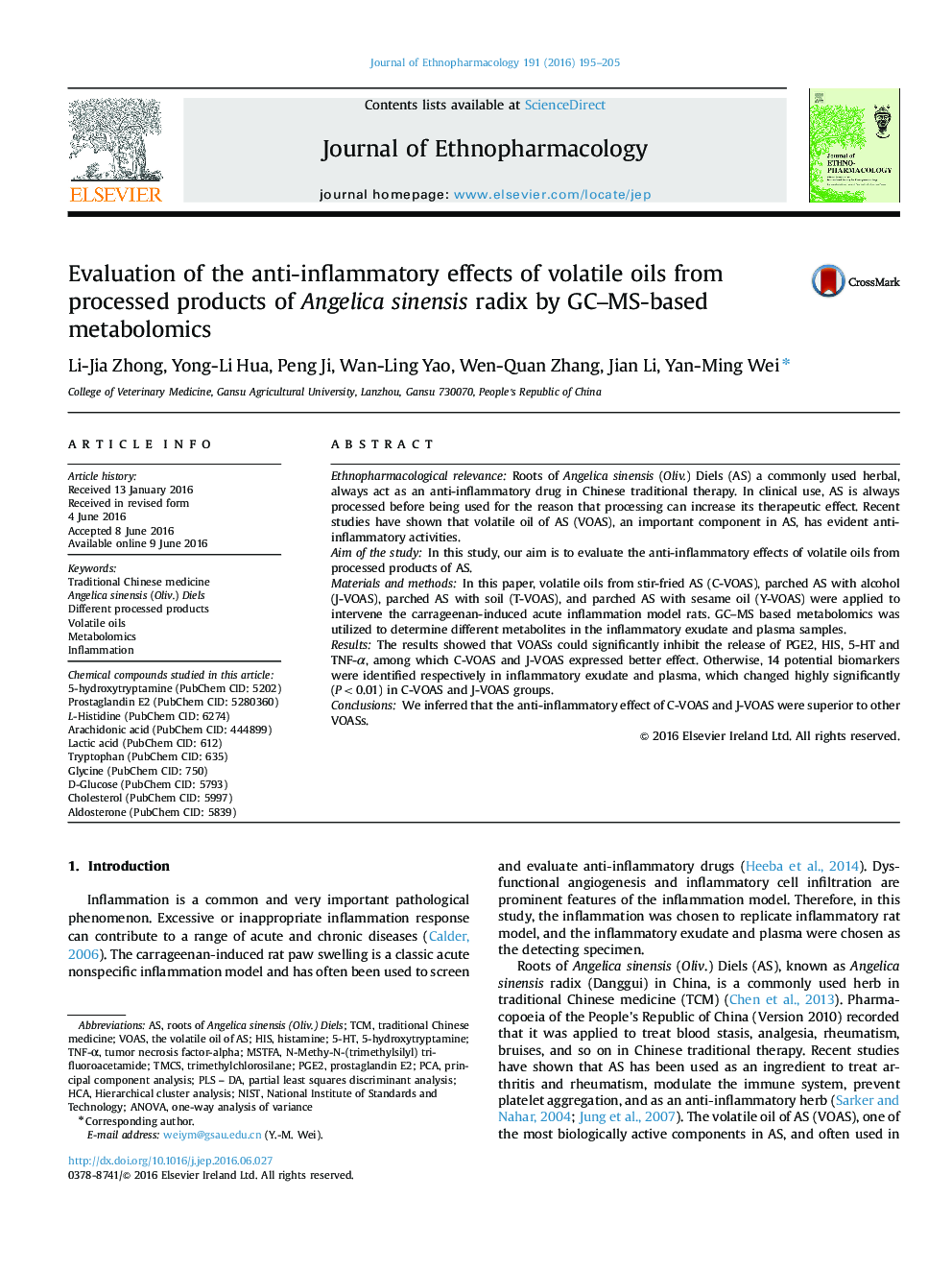 Evaluation of the anti-inflammatory effects of volatile oils from processed products of Angelica sinensis radix by GC–MS-based metabolomics