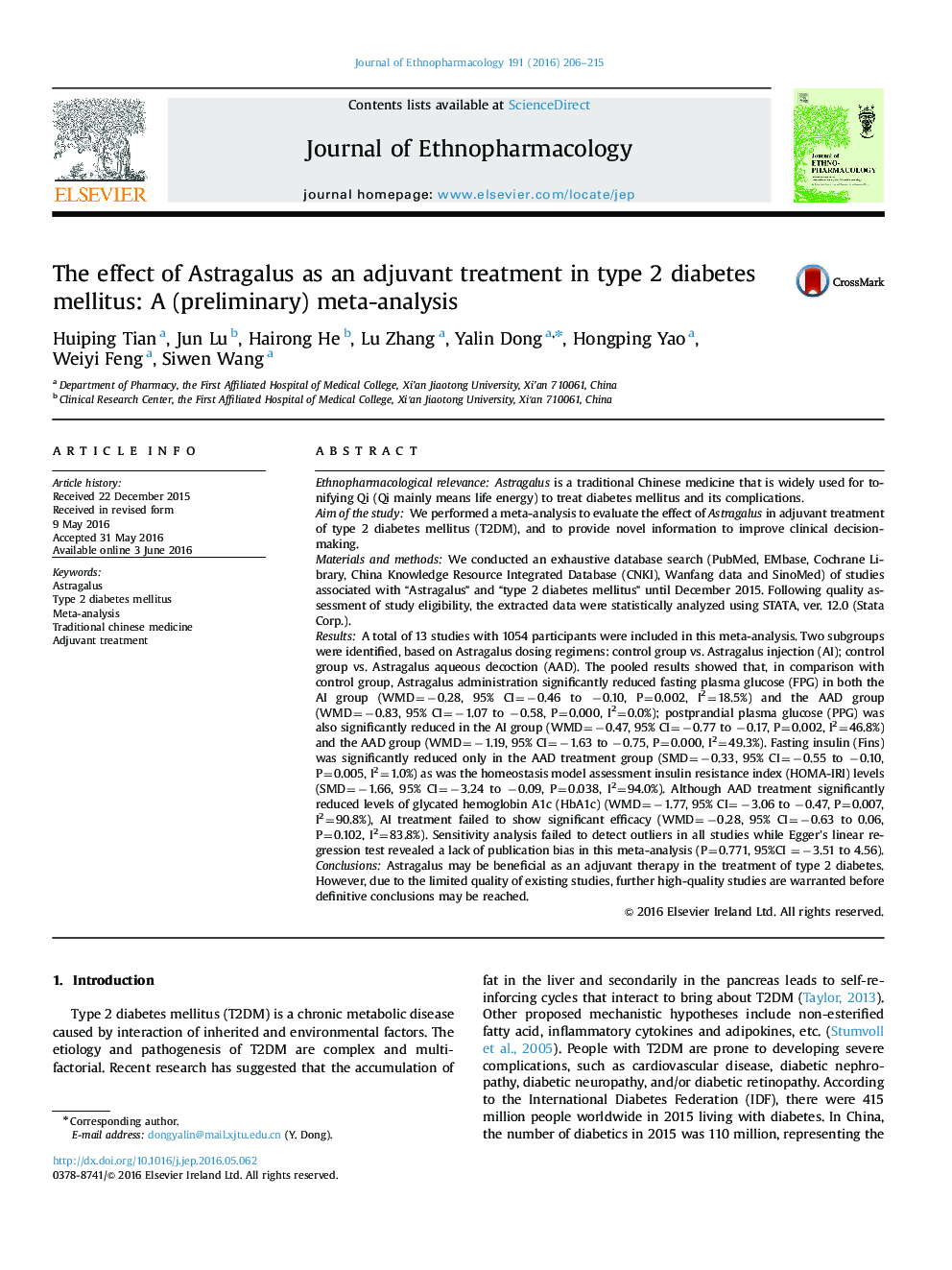 The effect of Astragalus as an adjuvant treatment in type 2 diabetes mellitus: A (preliminary) meta-analysis