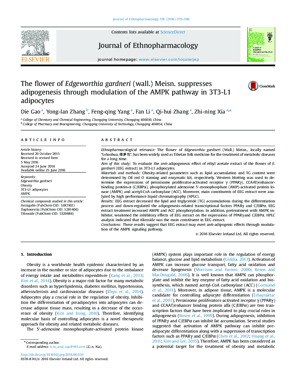 The flower of Edgeworthia gardneri (wall.) Meisn. suppresses adipogenesis through modulation of the AMPK pathway in 3T3-L1 adipocytes