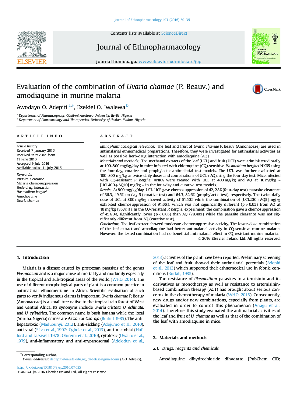 Evaluation of the combination of Uvaria chamae (P. Beauv.) and amodiaquine in murine malaria