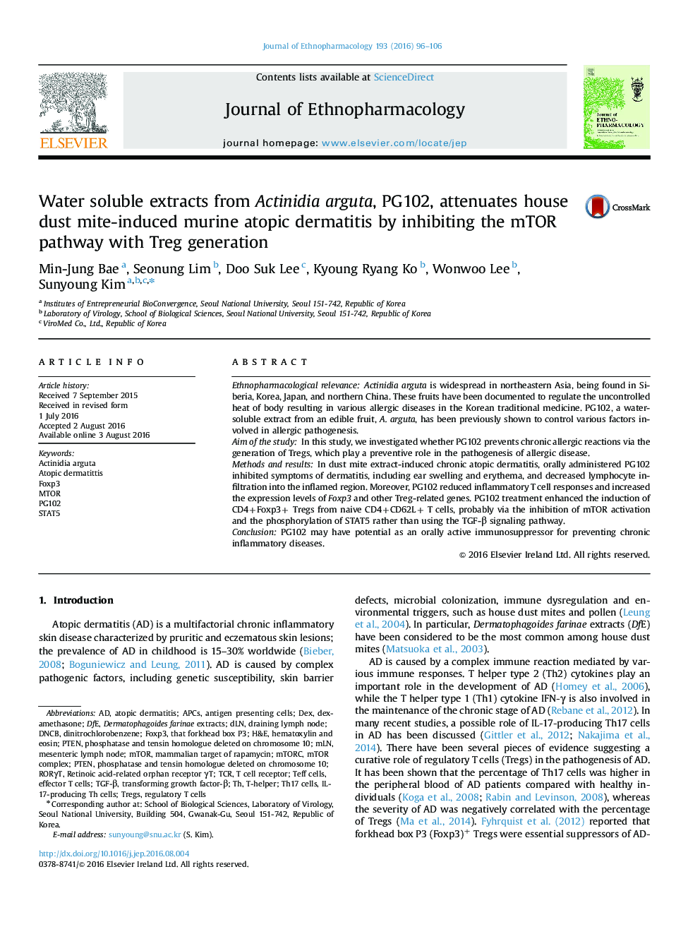 Water soluble extracts from Actinidia arguta, PG102, attenuates house dust mite-induced murine atopic dermatitis by inhibiting the mTOR pathway with Treg generation