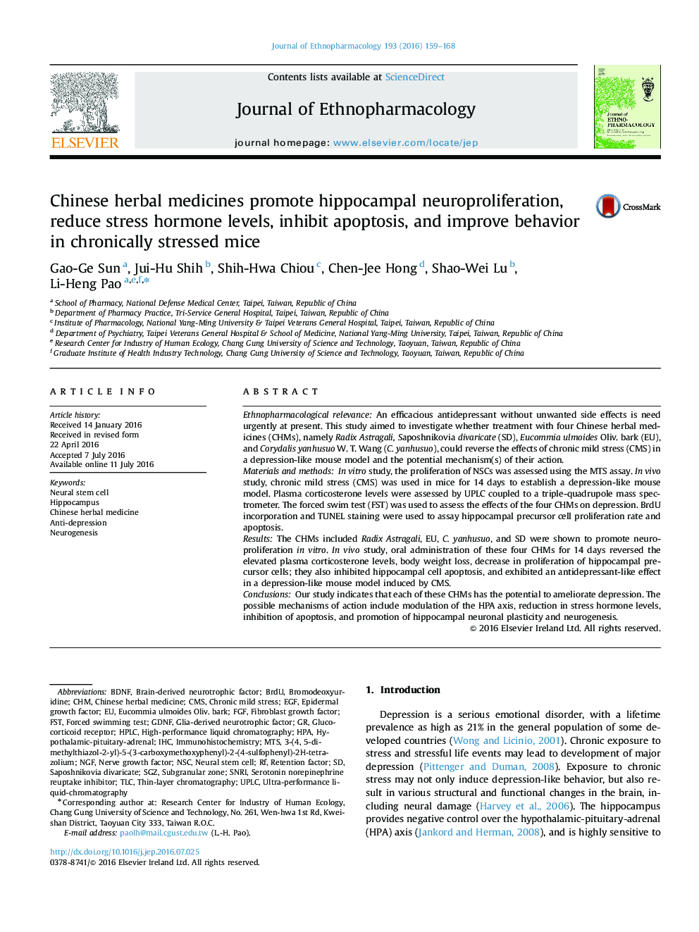 Chinese herbal medicines promote hippocampal neuroproliferation, reduce stress hormone levels, inhibit apoptosis, and improve behavior in chronically stressed mice