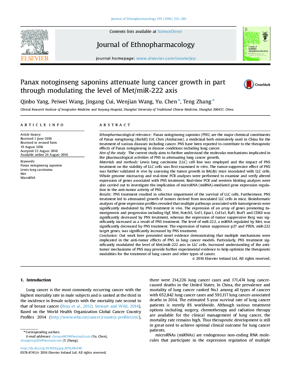 Panax notoginseng saponins attenuate lung cancer growth in part through modulating the level of Met/miR-222 axis