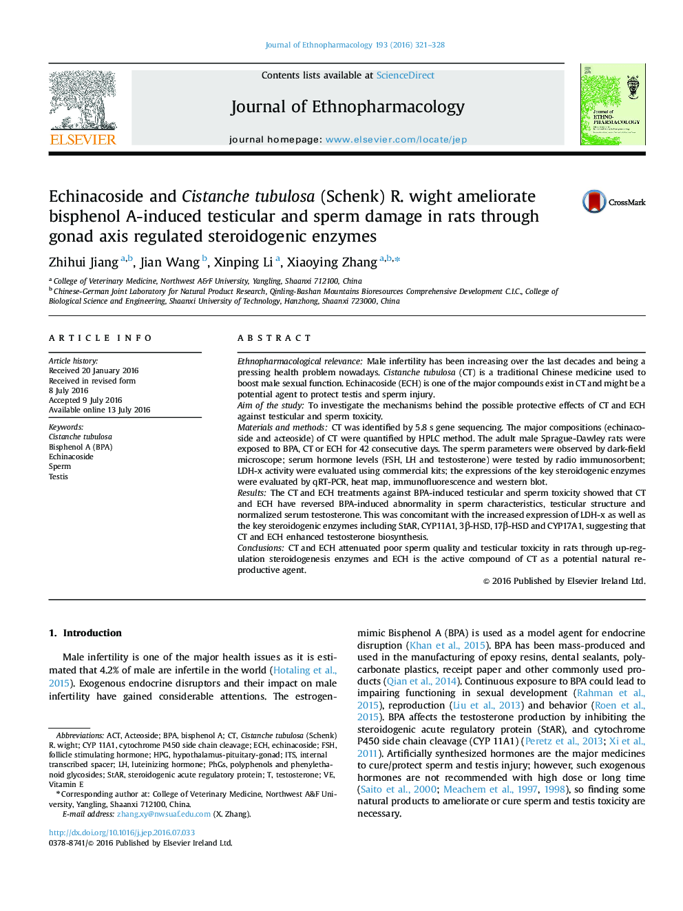 Echinacoside and Cistanche tubulosa (Schenk) R. wight ameliorate bisphenol A-induced testicular and sperm damage in rats through gonad axis regulated steroidogenic enzymes