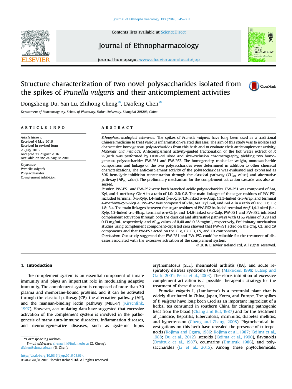 Structure characterization of two novel polysaccharides isolated from the spikes of Prunella vulgaris and their anticomplement activities