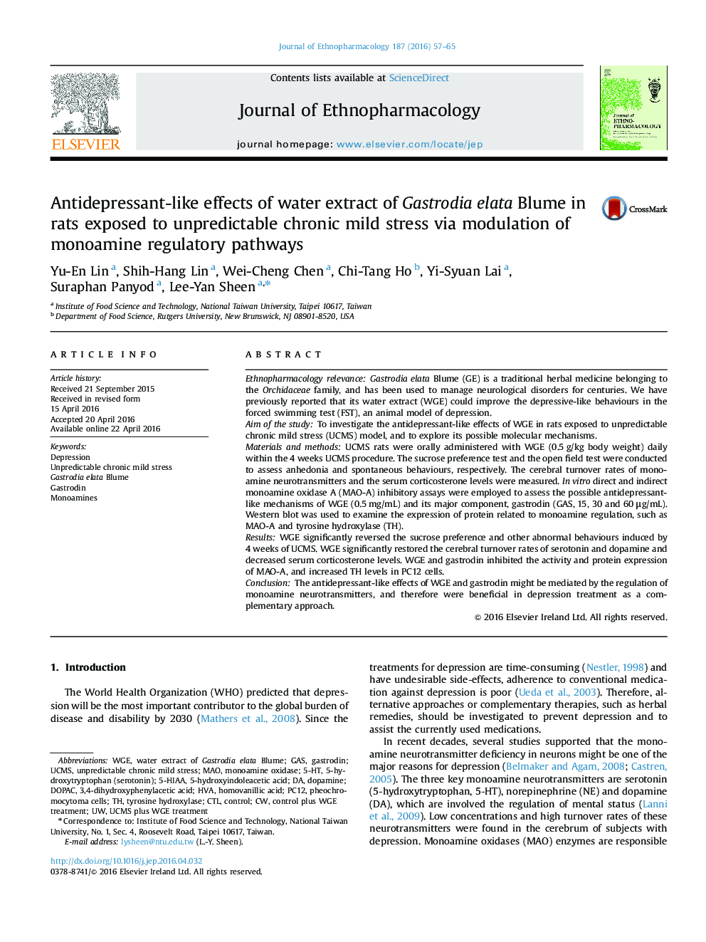 Antidepressant-like effects of water extract of Gastrodia elata Blume in rats exposed to unpredictable chronic mild stress via modulation of monoamine regulatory pathways