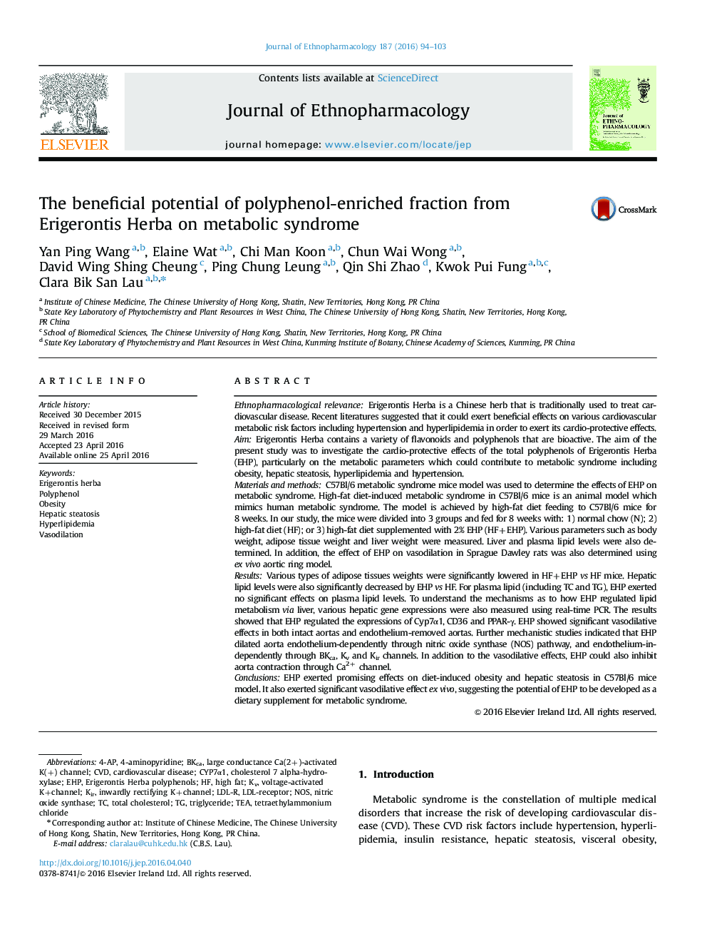 The beneficial potential of polyphenol-enriched fraction from Erigerontis Herba on metabolic syndrome