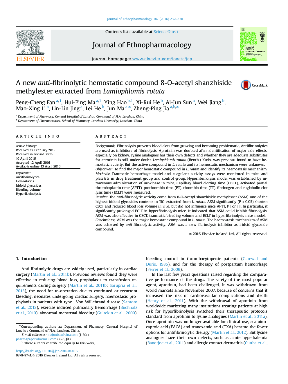 A new anti-fibrinolytic hemostatic compound 8-O-acetyl shanzhiside methylester extracted from Lamiophlomis rotata