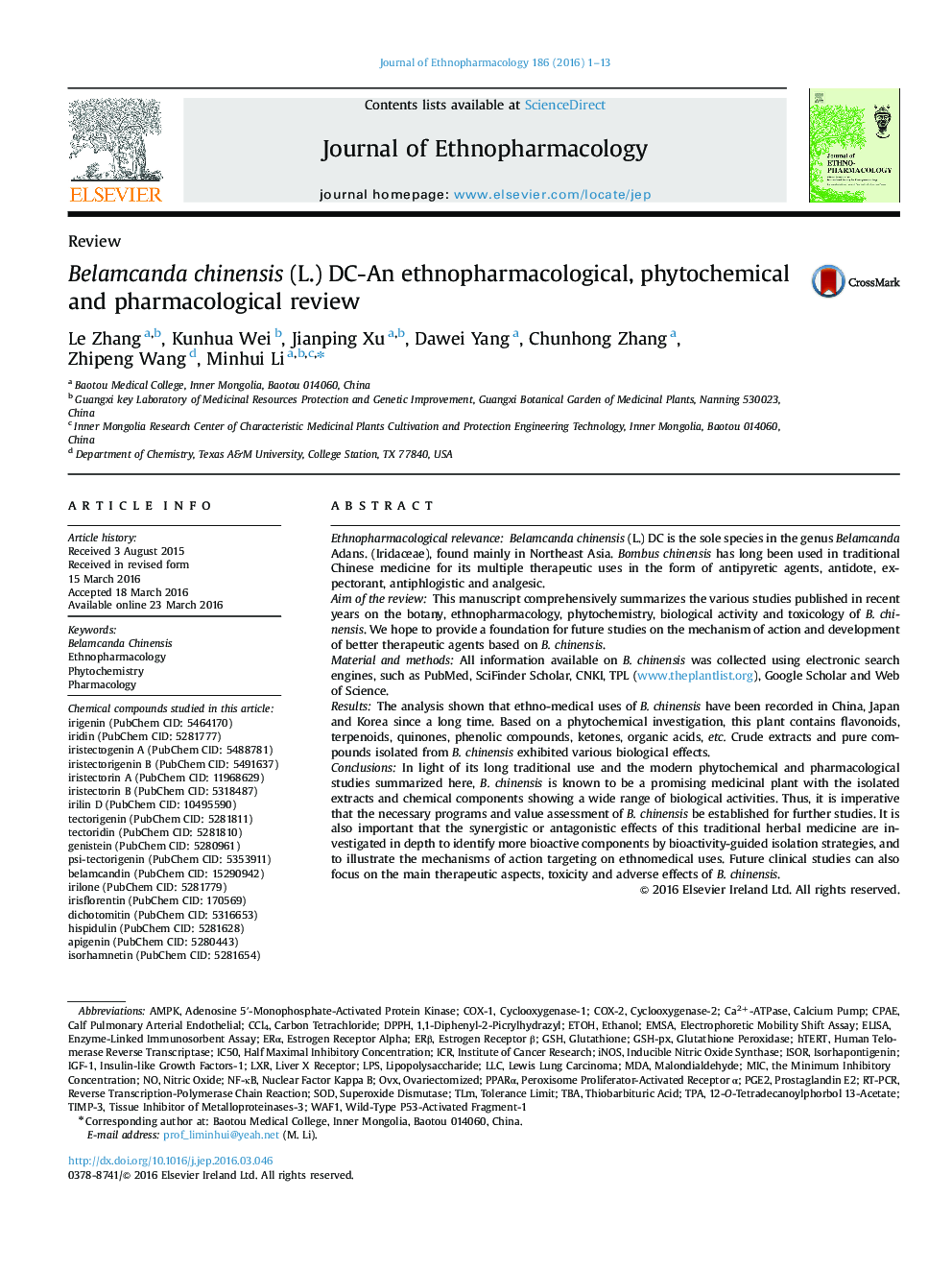 Belamcanda chinensis (L.) DC-An ethnopharmacological, phytochemical and pharmacological review