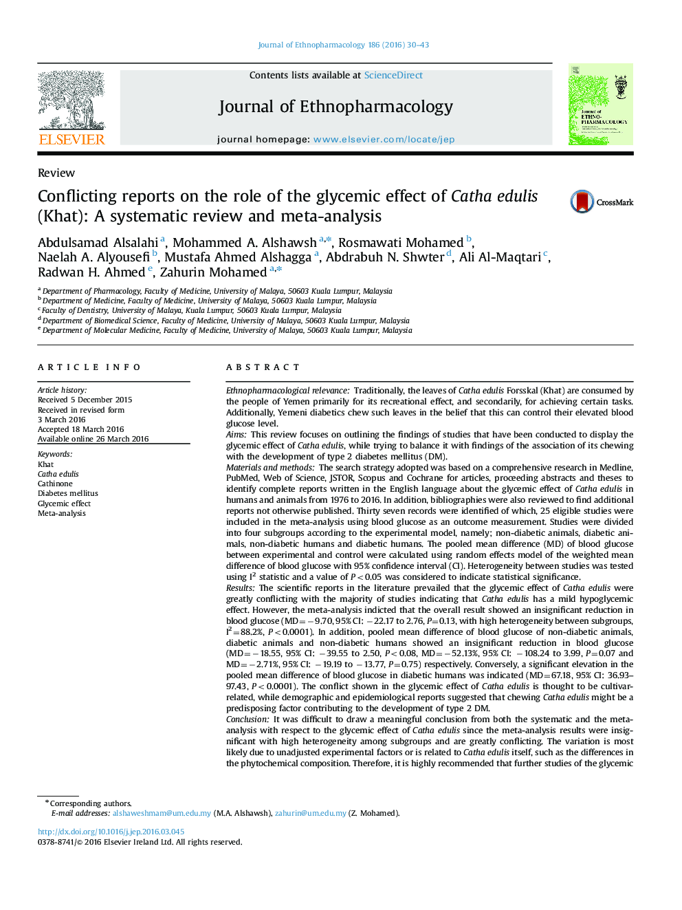 Conflicting reports on the role of the glycemic effect of Catha edulis (Khat): A systematic review and meta-analysis
