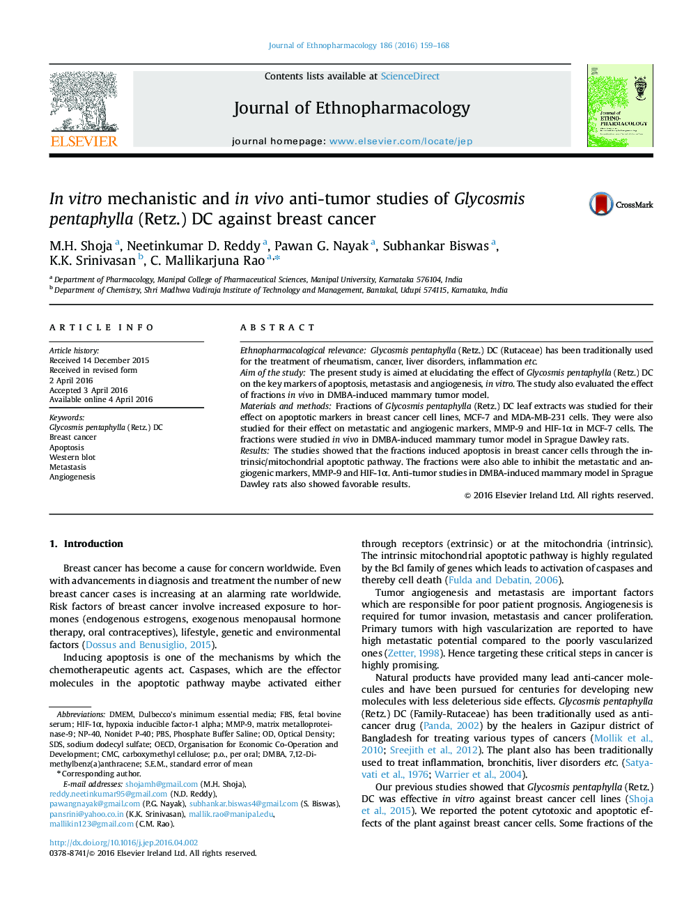 In vitro mechanistic and in vivo anti-tumor studies of Glycosmis pentaphylla (Retz.) DC against breast cancer