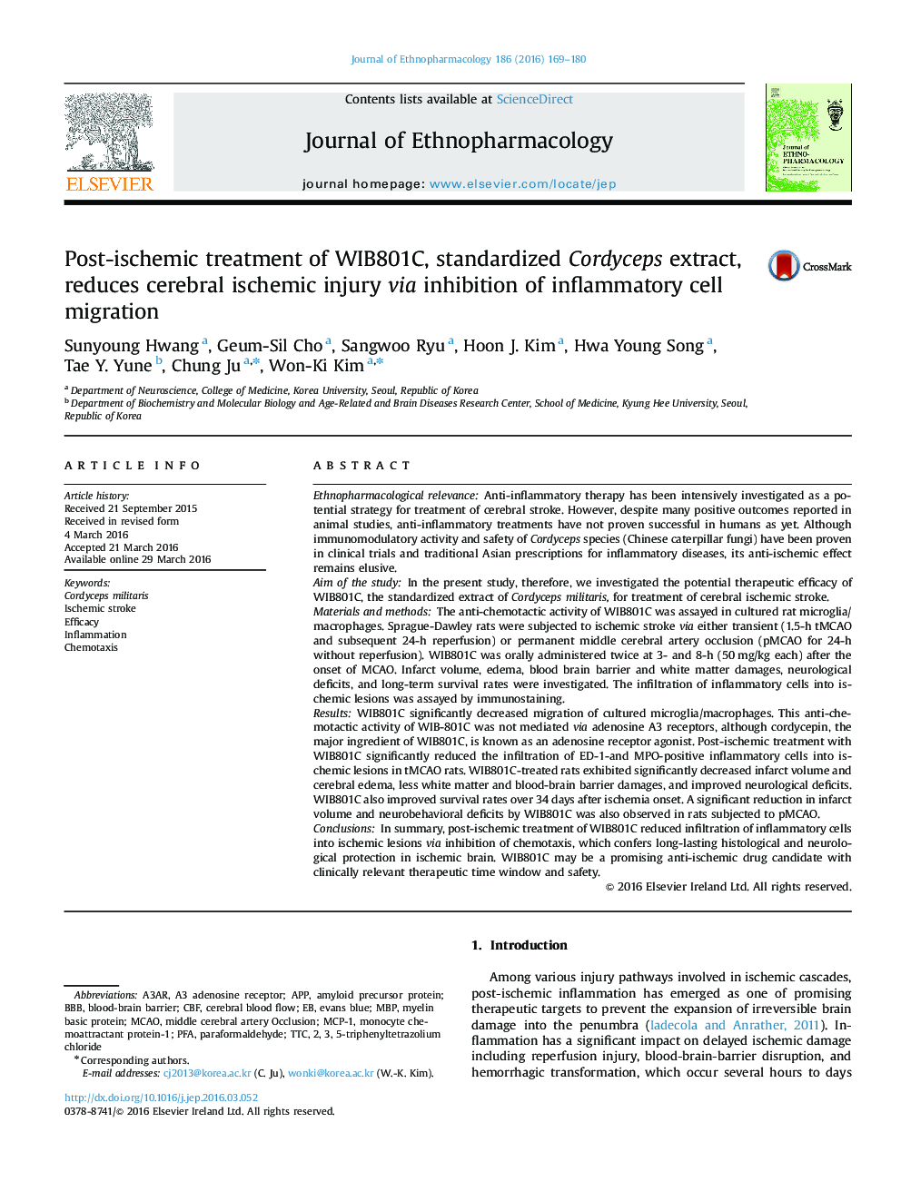 Post-ischemic treatment of WIB801C, standardized Cordyceps extract, reduces cerebral ischemic injury via inhibition of inflammatory cell migration