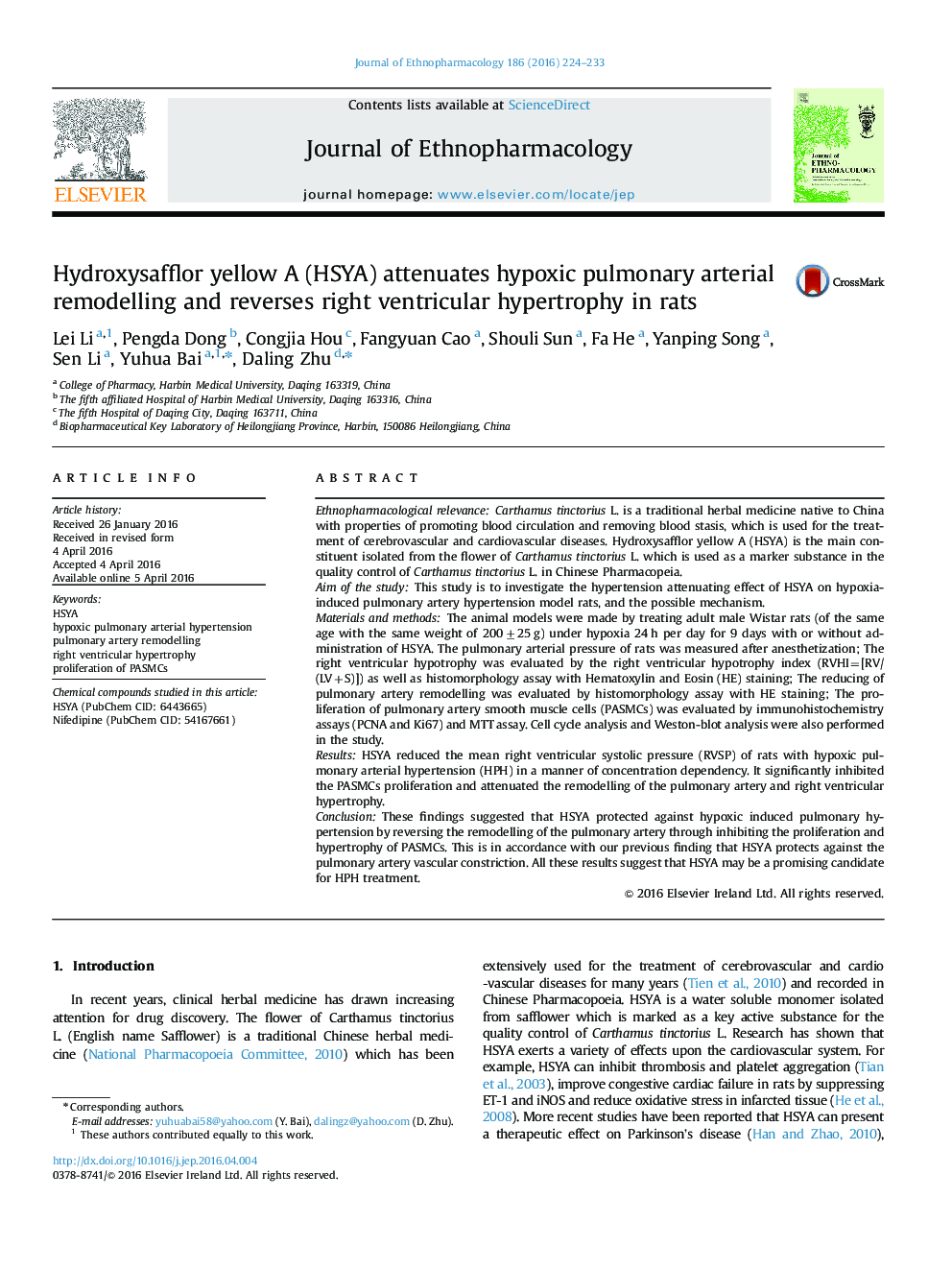 Hydroxysafflor yellow A (HSYA) attenuates hypoxic pulmonary arterial remodelling and reverses right ventricular hypertrophy in rats