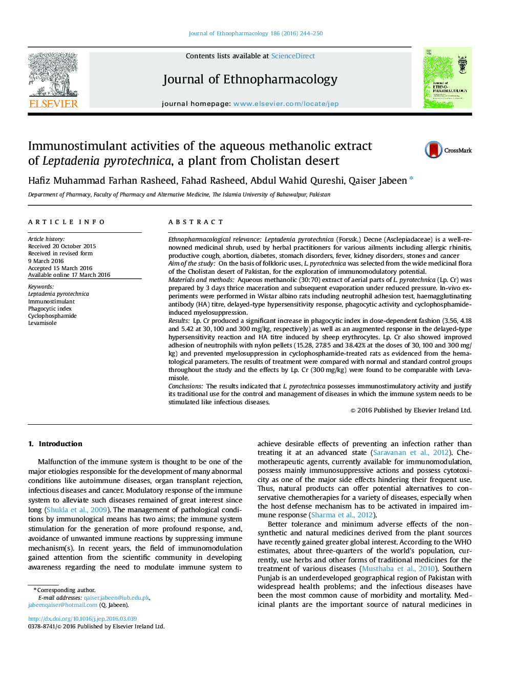 Immunostimulant activities of the aqueous methanolic extract of Leptadenia pyrotechnica, a plant from Cholistan desert