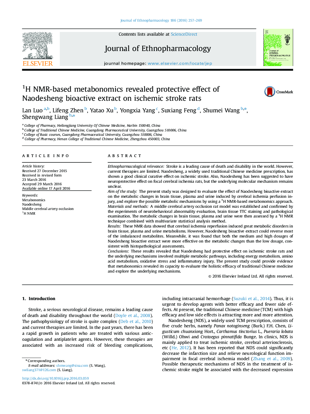 1H NMR-based metabonomics revealed protective effect of Naodesheng bioactive extract on ischemic stroke rats