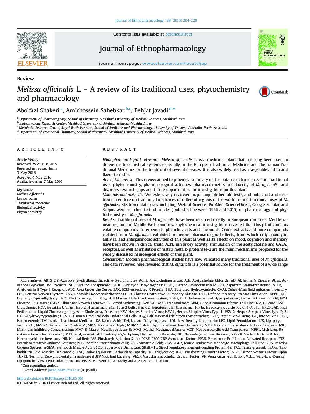 Melissa officinalis L. – A review of its traditional uses, phytochemistry and pharmacology