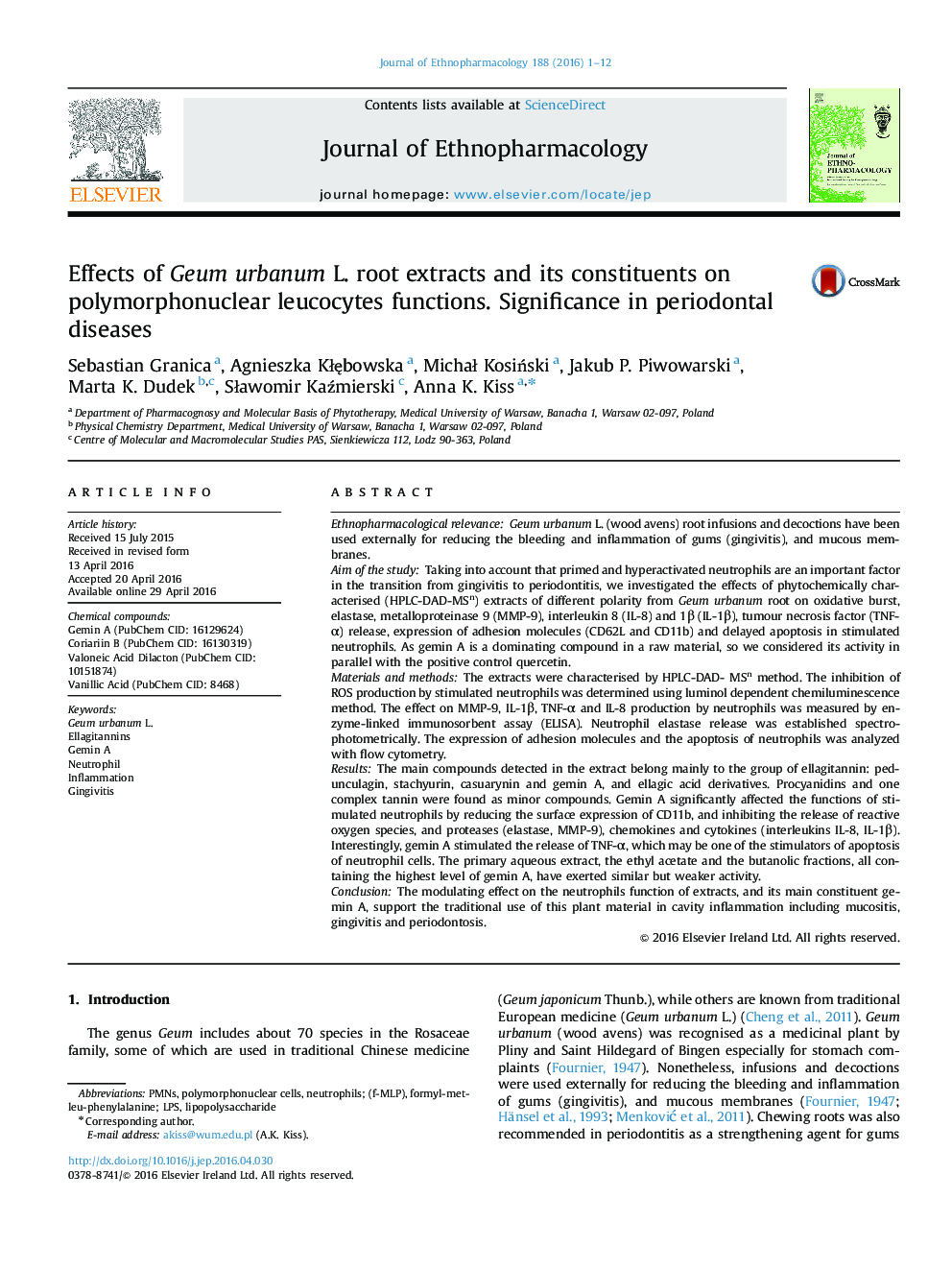 Effects of Geum urbanum L. root extracts and its constituents on polymorphonuclear leucocytes functions. Significance in periodontal diseases