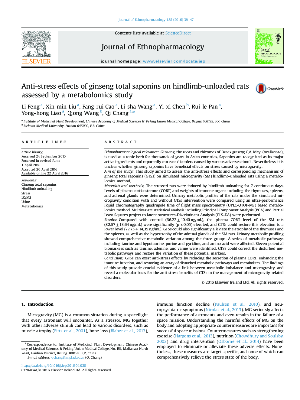 Anti-stress effects of ginseng total saponins on hindlimb-unloaded rats assessed by a metabolomics study