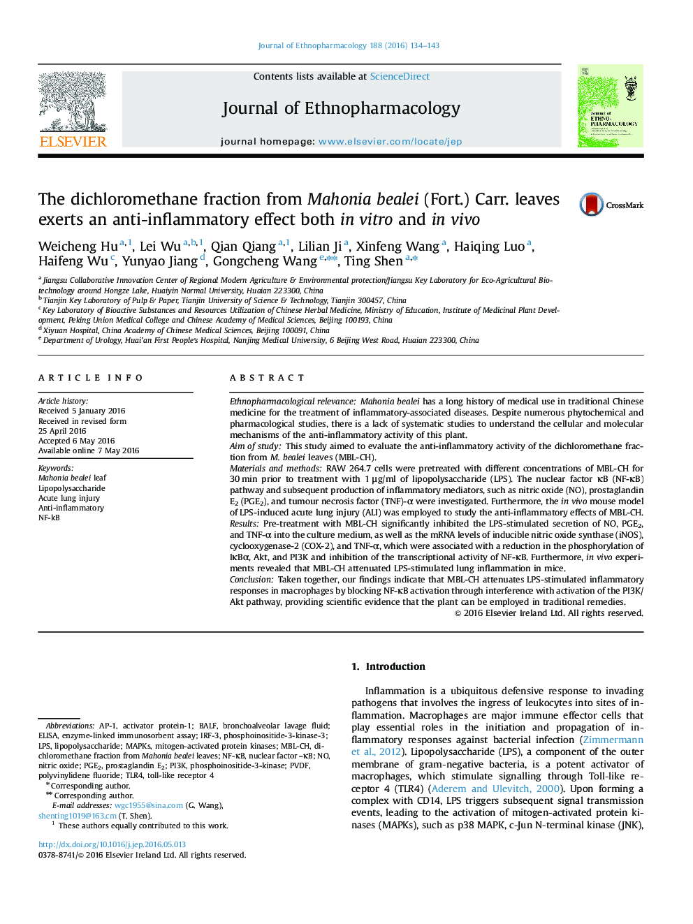 The dichloromethane fraction from Mahonia bealei (Fort.) Carr. leaves exerts an anti-inflammatory effect both in vitro and in vivo