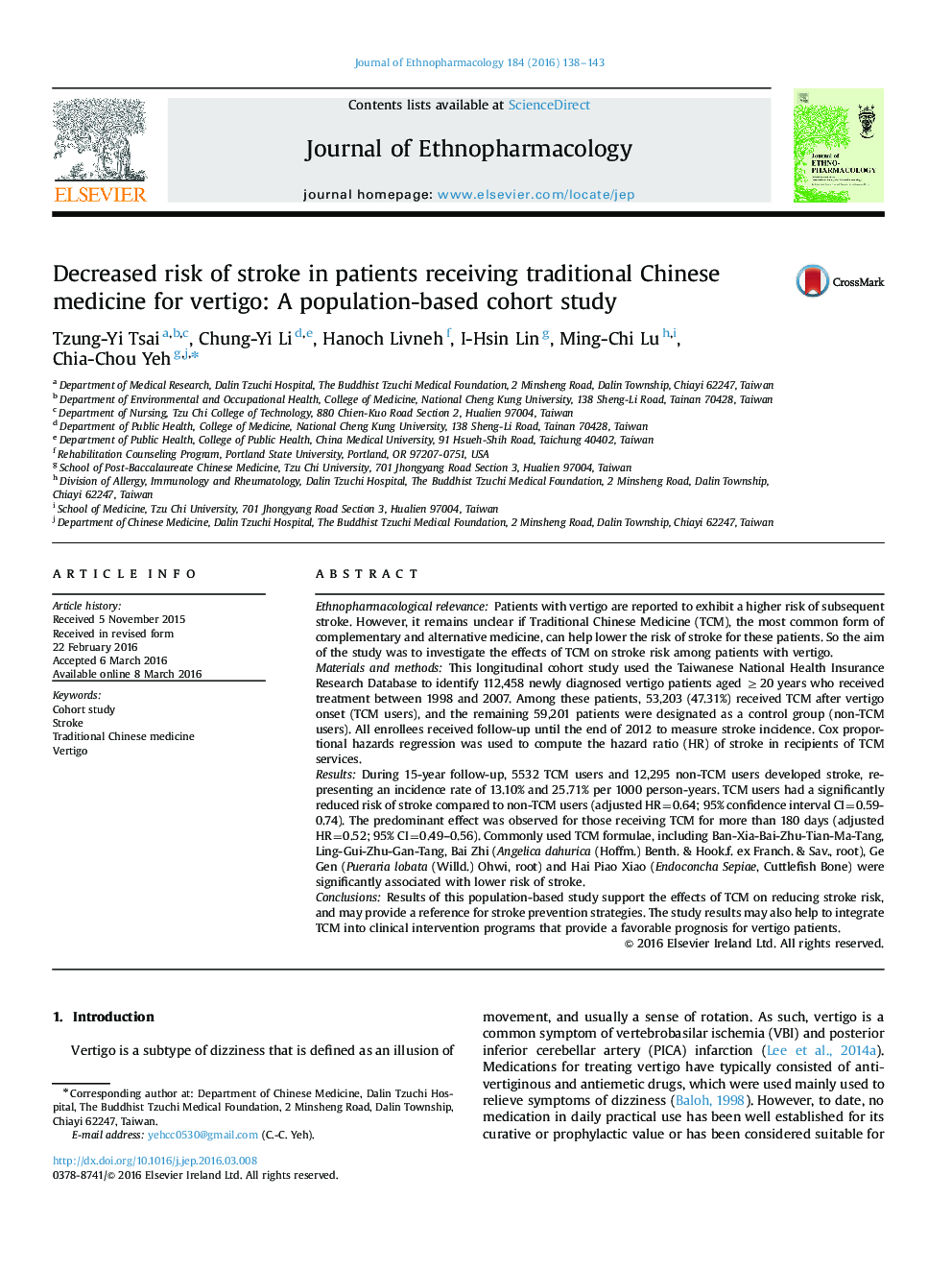 Decreased risk of stroke in patients receiving traditional Chinese medicine for vertigo: A population-based cohort study