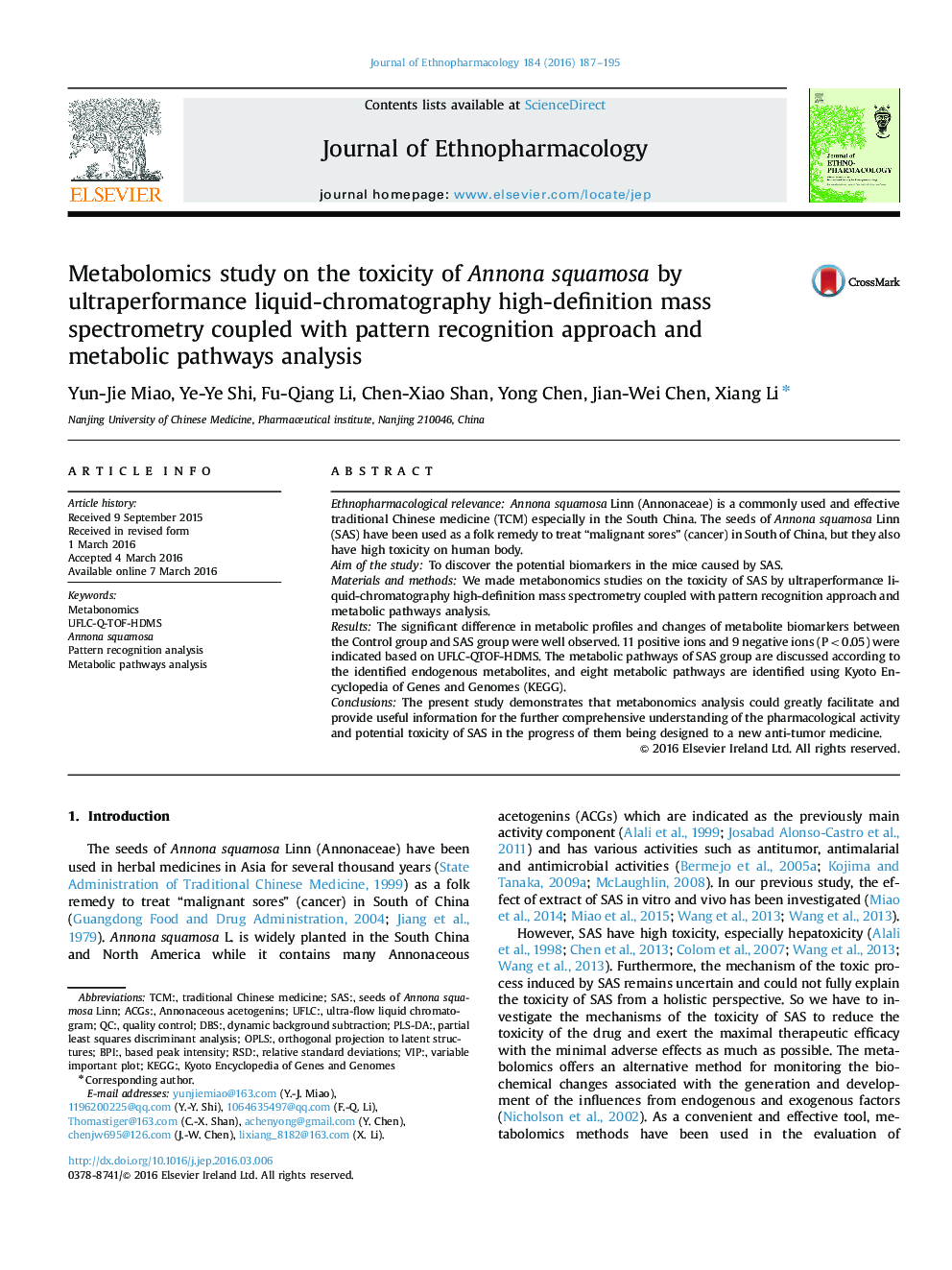 Metabolomics study on the toxicity of Annona squamosa by ultraperformance liquid-chromatography high-definition mass spectrometry coupled with pattern recognition approach and metabolic pathways analysis