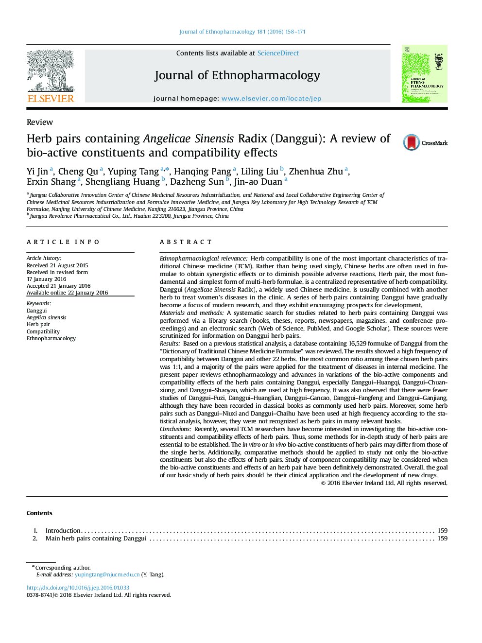 Herb pairs containing Angelicae Sinensis Radix (Danggui): A review of bio-active constituents and compatibility effects