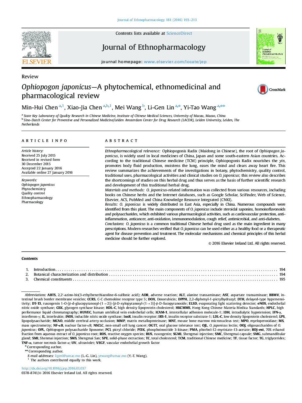 Ophiopogon japonicus—A phytochemical, ethnomedicinal and pharmacological review
