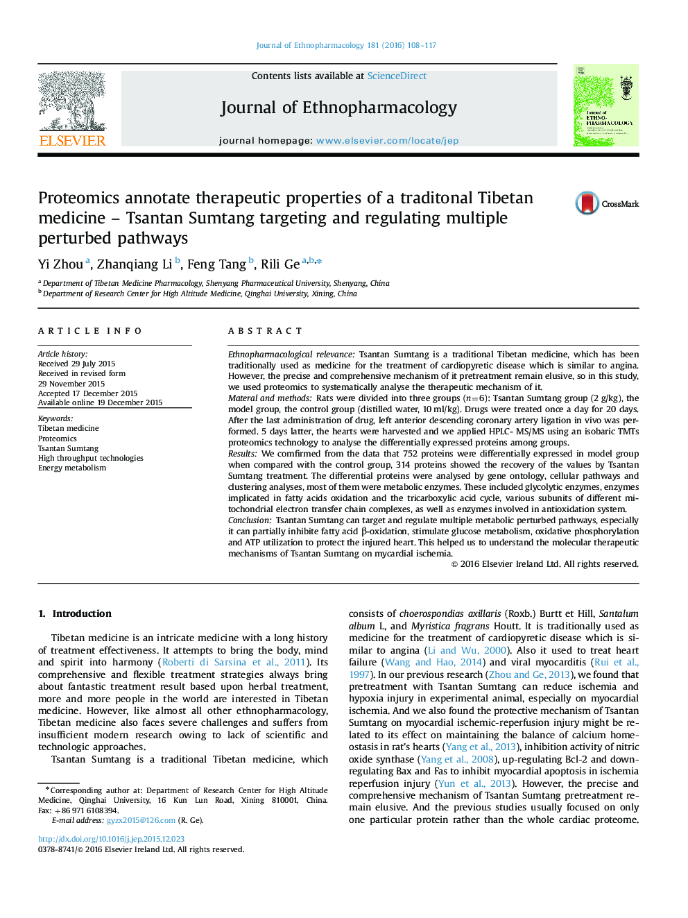 Proteomics annotate therapeutic properties of a traditonal Tibetan medicine – Tsantan Sumtang targeting and regulating multiple perturbed pathways