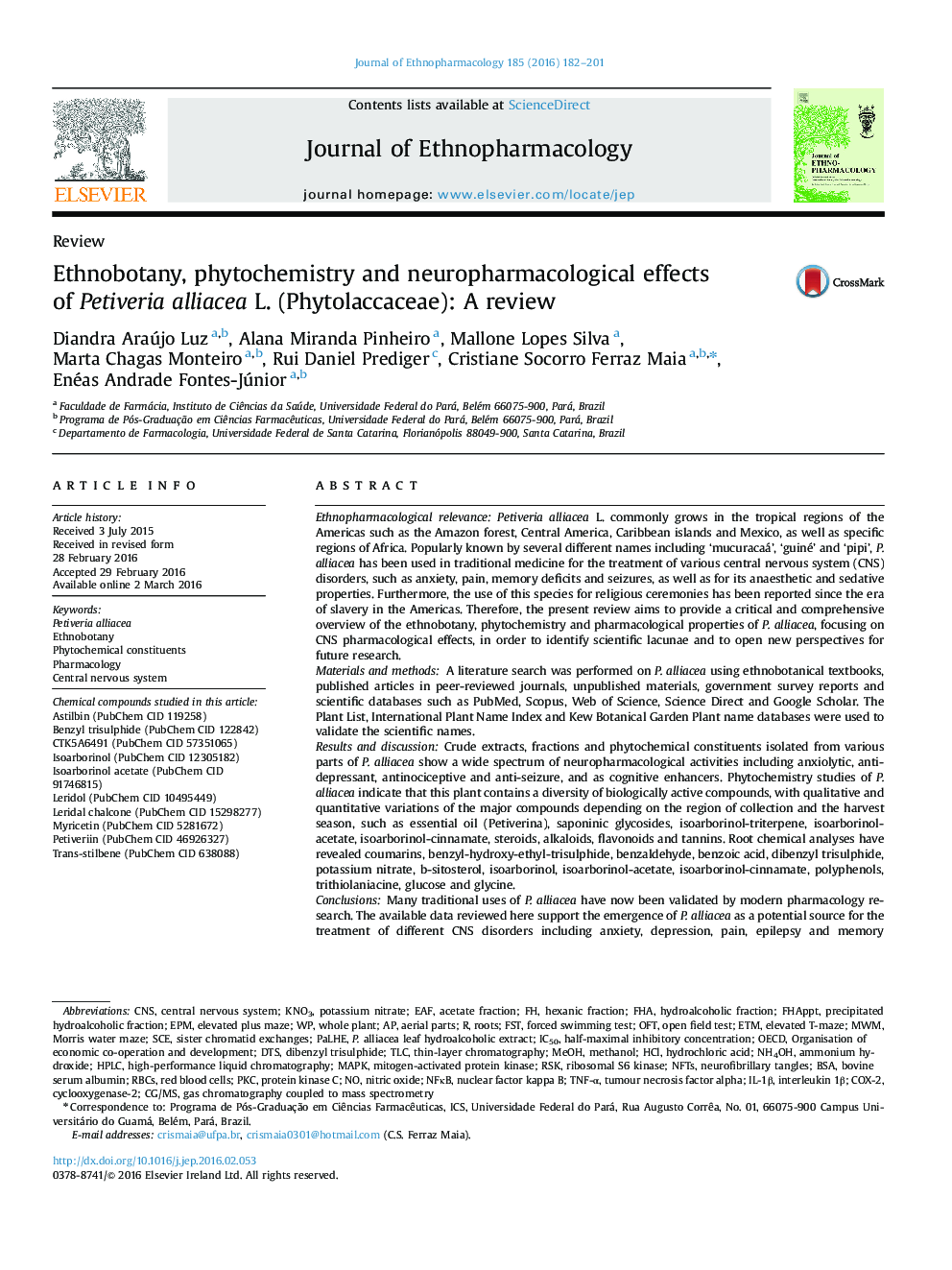 Ethnobotany, phytochemistry and neuropharmacological effects of Petiveria alliacea L. (Phytolaccaceae): A review