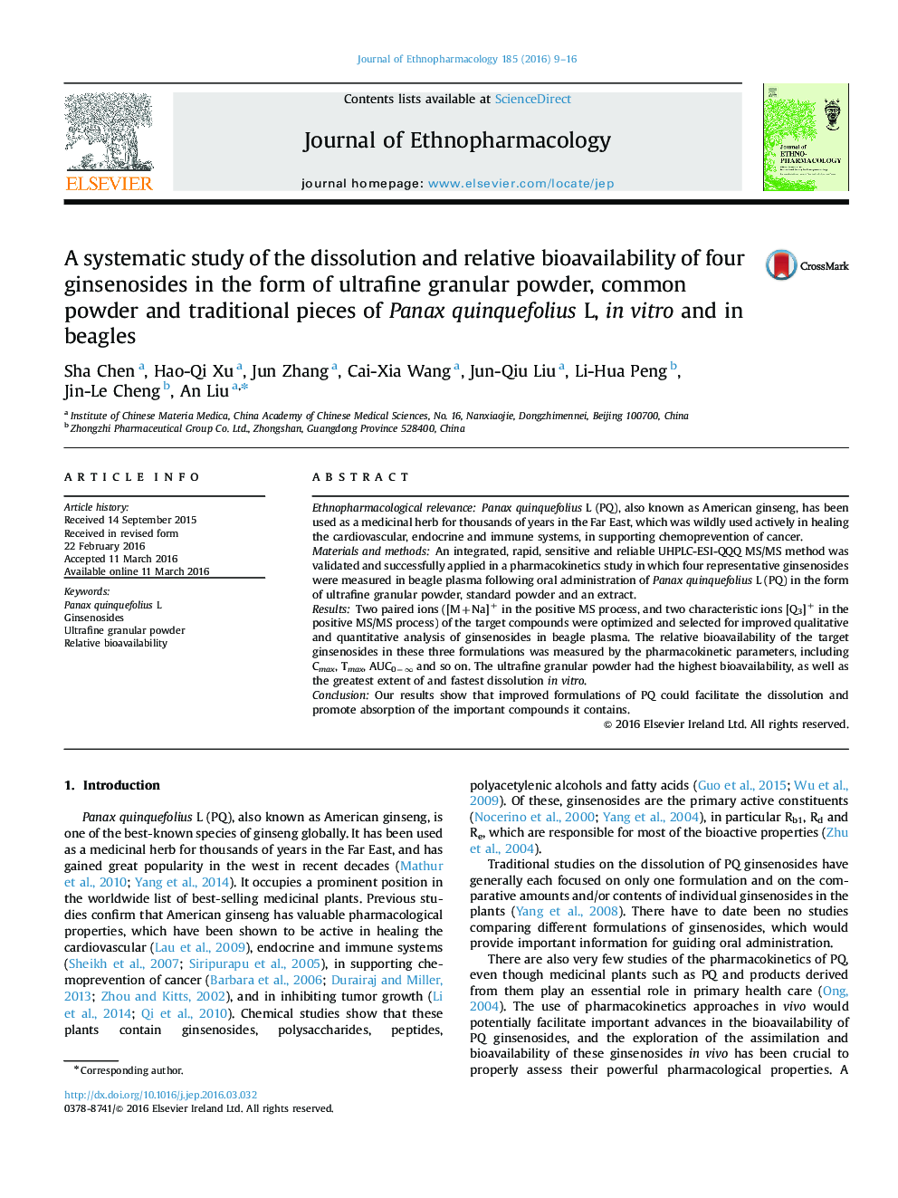 A systematic study of the dissolution and relative bioavailability of four ginsenosides in the form of ultrafine granular powder, common powder and traditional pieces of Panax quinquefolius L, in vitro and in beagles