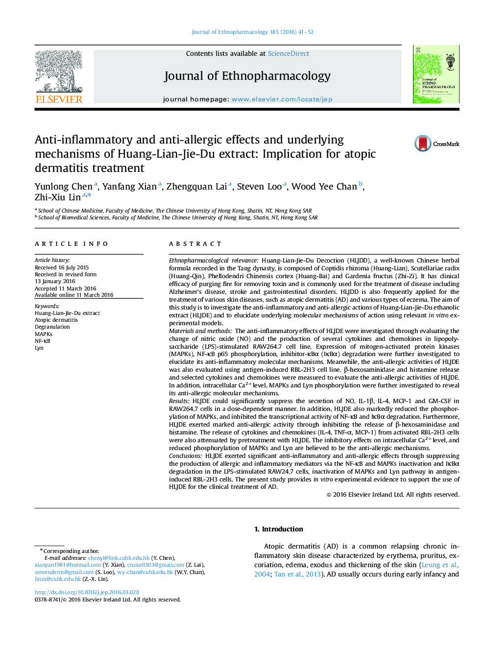 Anti-inflammatory and anti-allergic effects and underlying mechanisms of Huang-Lian-Jie-Du extract: Implication for atopic dermatitis treatment