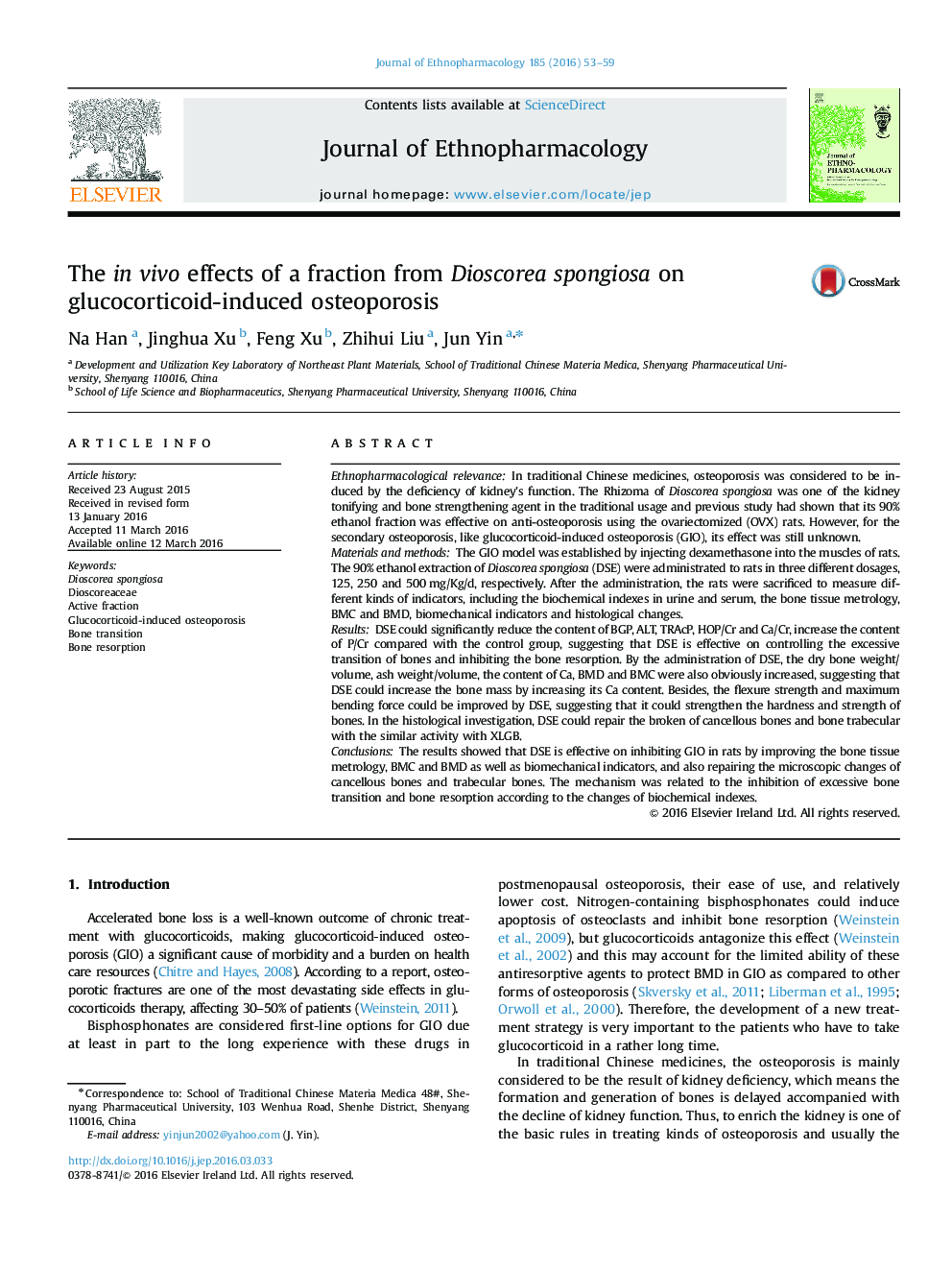 The in vivo effects of a fraction from Dioscorea spongiosa on glucocorticoid-induced osteoporosis