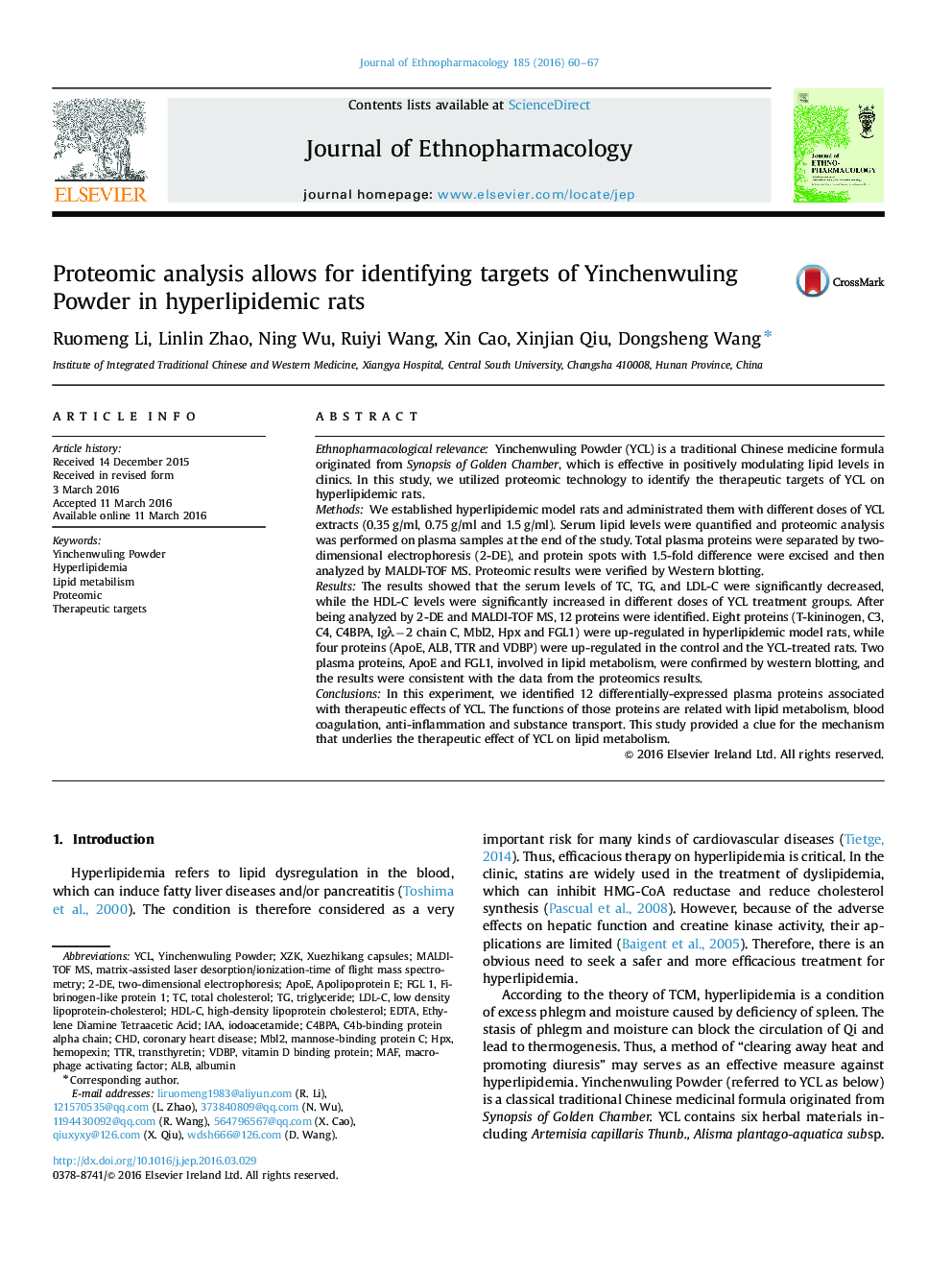 Proteomic analysis allows for identifying targets of Yinchenwuling Powder in hyperlipidemic rats