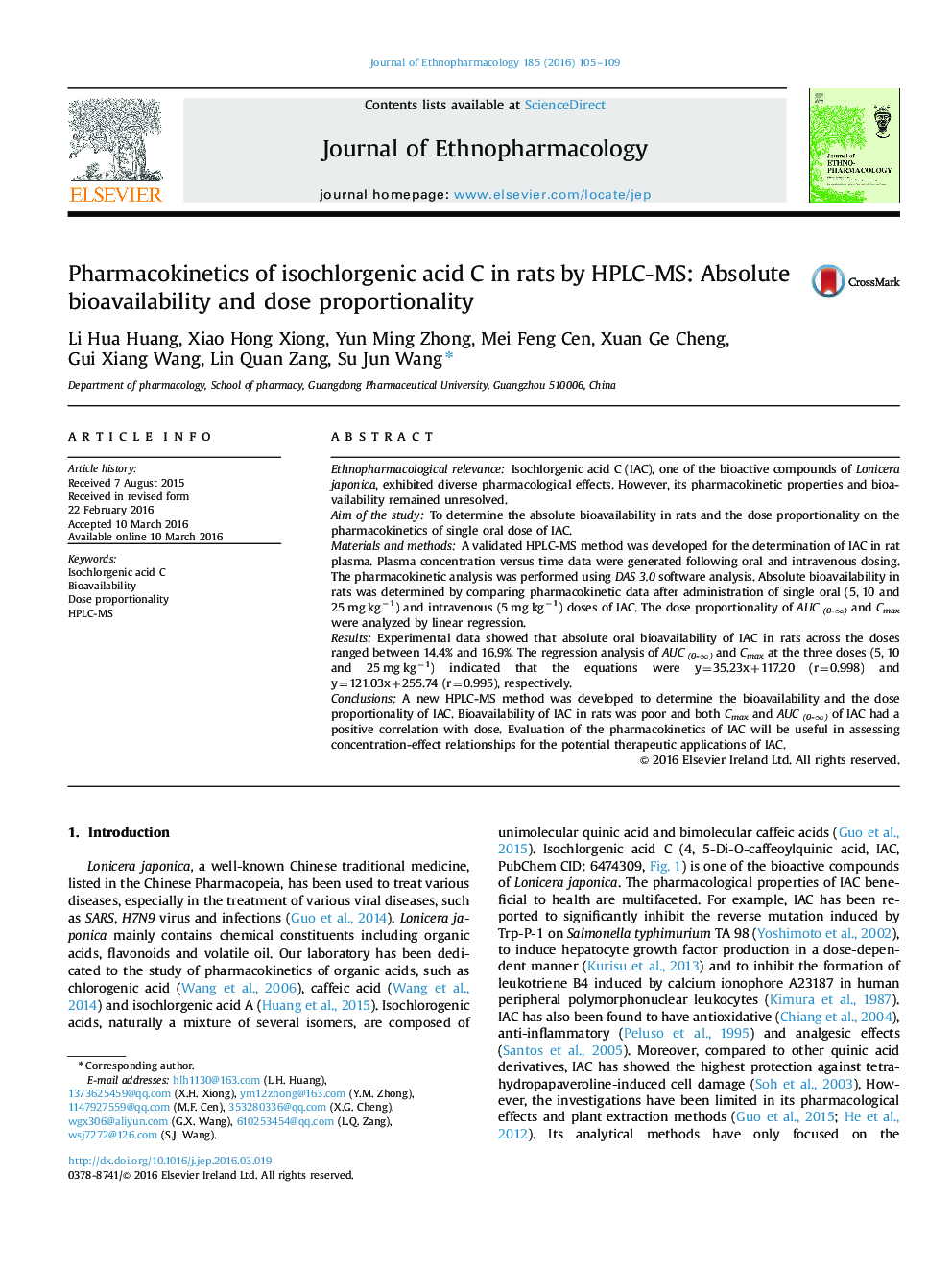 Pharmacokinetics of isochlorgenic acid C in rats by HPLC-MS: Absolute bioavailability and dose proportionality