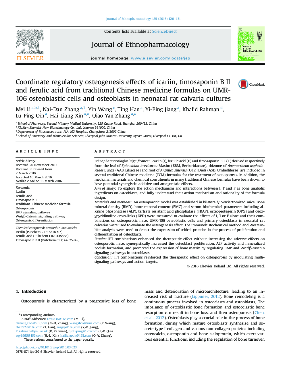 Coordinate regulatory osteogenesis effects of icariin, timosaponin B II and ferulic acid from traditional Chinese medicine formulas on UMR-106 osteoblastic cells and osteoblasts in neonatal rat calvaria cultures