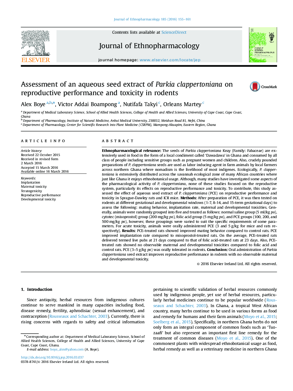 Assessment of an aqueous seed extract of Parkia clappertoniana on reproductive performance and toxicity in rodents